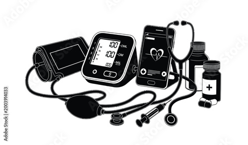 A collection of medical equipment including a blood pressure monitor stethoscope pills and a phone displayed as a striking silhouette high quality professional detailed