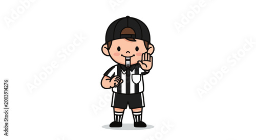 Cartoon referee in black and white.