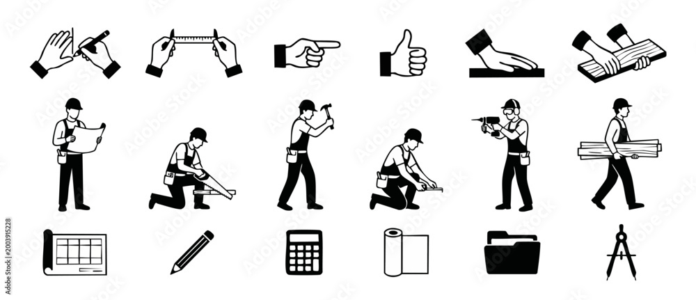 Obraz premium Construction Worker Icons Set - Professional Builder Tools and Carpentry Actions for Engineering, Home Renovation, Architecture, Blueprint Planning, and Manual Labor Services Minimalist Black Graphic