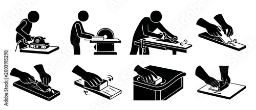 Woodworking process icons set, carpentry tool operations and wood sanding techniques for workshop manual, manual labor activities, craftsman manual work, professional joinery instructions, vector illu