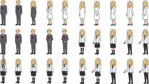 Set of isometric cartoon male and female characters in business suit doctor coat and school uniform shown from multiple angles vector illustration collection