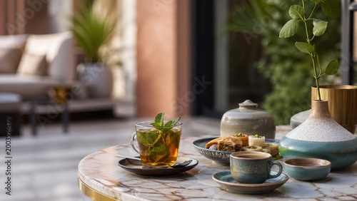 Moroccan mint tea and pastries on marble table in elegant boutique hotel terrace