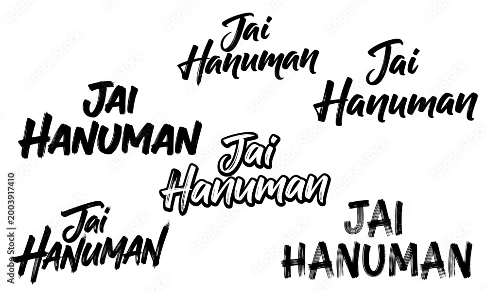 Fototapeta premium Jai Hanuman stylish calligraphy text set in various decorative fonts, a sacred Hindu phrase devoted to Lord Hanuman perfect for religious designs, festivals, and spiritual branding