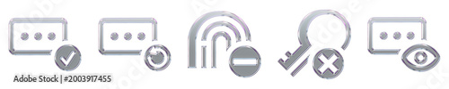 Fotografía 3D isometric icon set - password check, re enter pincode, remove fingerprint, remove key, and show password