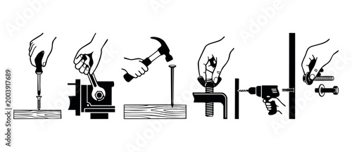 Hand Tools Icons Set - Screwdriver, Wrench, Hammer, Drill, Bolt - Repair and Construction Manual Illustrations, DIY Home Improvement Step-by-Step Guide, Vector Graphic Symbols for Maintenance Procedur