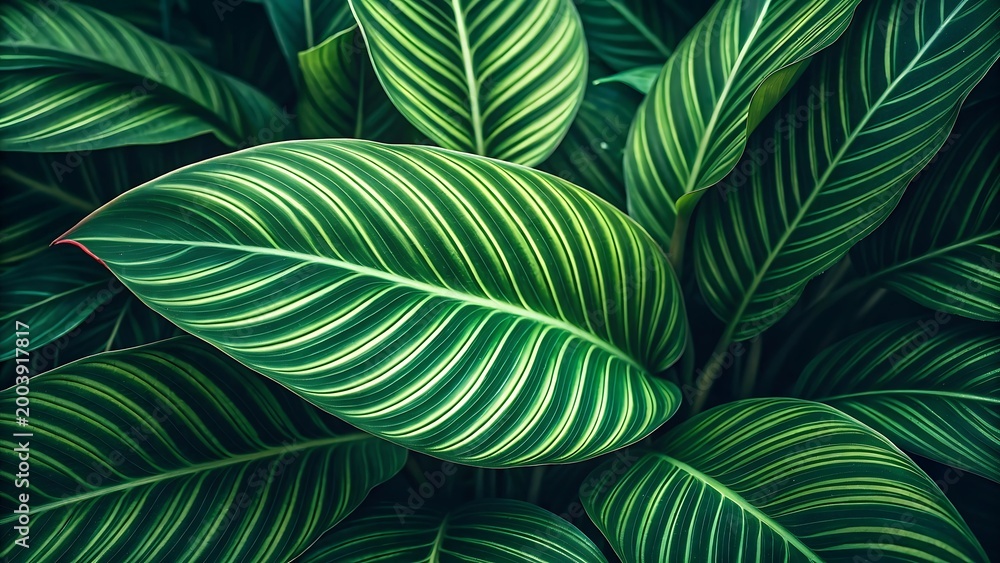 Fototapeta premium Extreme close-up of lush tropical green leaves with striking white and yellow veins, showcasing intricate natural patterns.