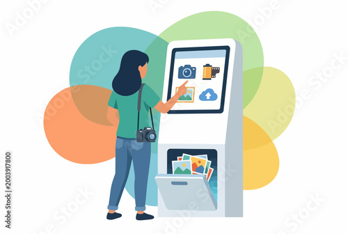 Modern Self Service Photo Printing Kiosk with Woman Photographer