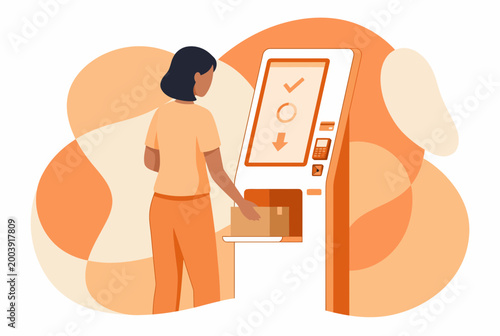 Woman using modern self service kiosk for parcel delivery