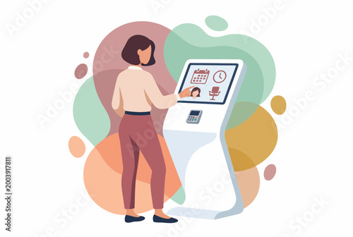 Woman Using Modern Digital Self Service Kiosk for Booking