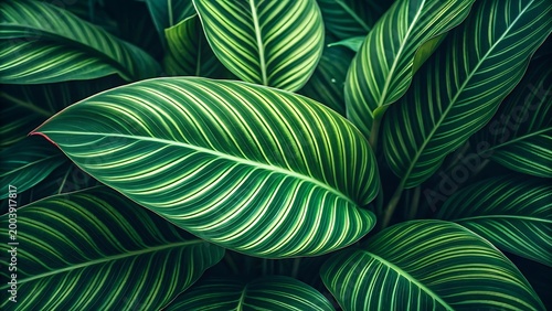 Extreme close-up of lush tropical green leaves with striking white and yellow veins, showcasing intricate natural patterns.