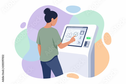 Modern Woman Using Wellness Self-Service Kiosk Terminal