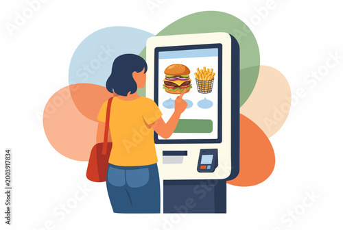 Modern Woman Using Self Service Kiosk to Order Fast Food