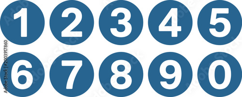 Number button circles blue set, circular numeric keypad icons featuring numbers 1 to 10 for interface design app buttons and UI elements.