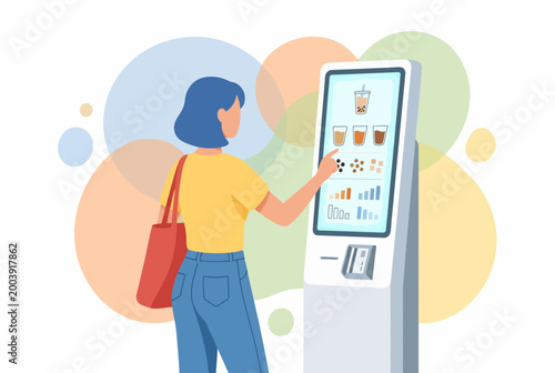 Young Woman Ordering Drinks at Modern Self Service Kiosk