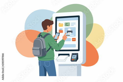 Man Using Modern Self Service Kiosk with Touchscreen and Smartphone