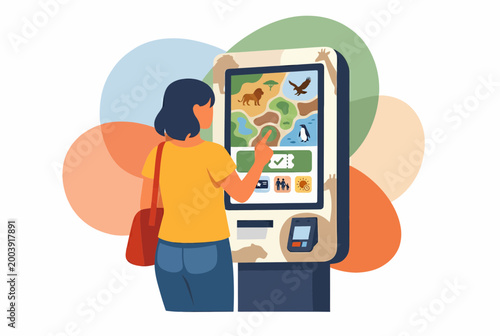 Young Woman Using Modern Self Service Digital Kiosk at Zoo