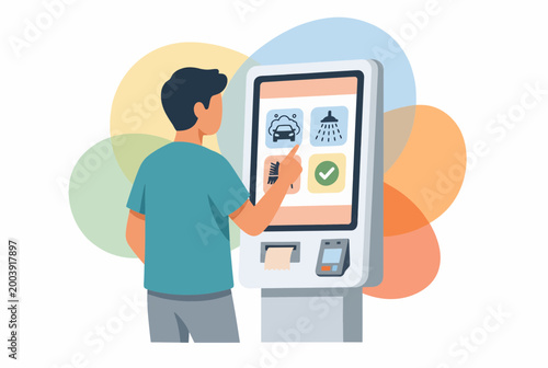 Man Using Modern Self Service Kiosk for Car Wash Selection