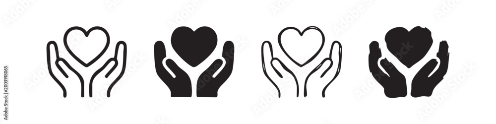 Fototapeta premium Hands Holding Heart Charity and Love Icon Set Variations