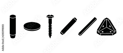 Furniture assembly hardware icons set, flat black vector collection of screws, dowels, cams, and metal connectors for construction and DIY interior furniture installation, isolated on white background