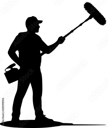 Canvastavla Silhouette of a Male Worker Using a Long Handle Brush for Cleaning and Maintenan