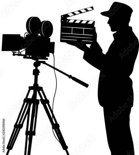 Black Silhouette of a Film Director with Professional Cinema Camera and Clapperboard Isolated on White Background