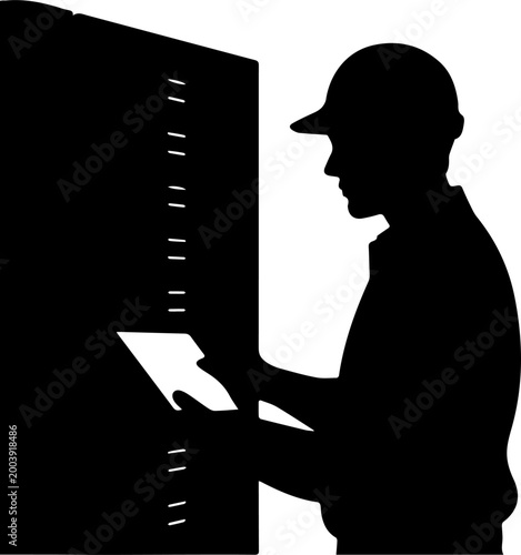 Black Silhouette of an Industrial Technician in a Hard Hat Working on an Electrical Control Panel or Server Rack