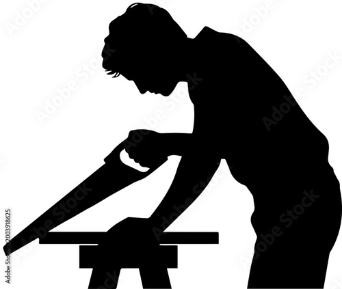 Silhouette of a Male Carpenter Using a Handsaw to Cut Wood on a Sawhorse, Woodworking and Craftsmanship Concept