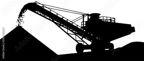 Black Silhouette of Industrial Mining Conveyor Belt Machine Stacking Gravel on White Background