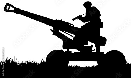 Black silhouette of a soldier operating a heavy artillery cannon in a field isolated on white background