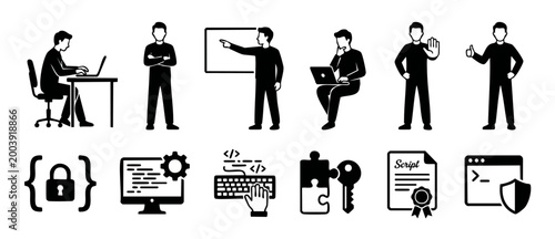 Software Developer Icons Set, Coding and Programming People Characters with Cybersecurity and Web Development Symbols for UI Design, Flat Minimalist Style Black Vector Illustration for IT Technology