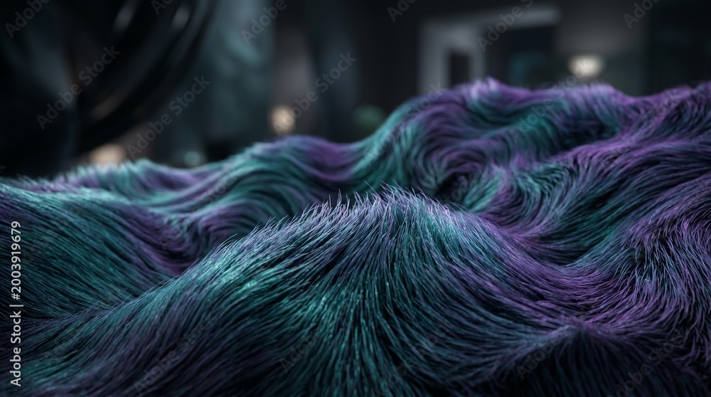 Obraz premium Vibrant purple and teal fur waves across a dark background indoors.