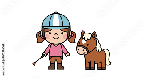 Tableau sur toile Little girl with brown pony horse.