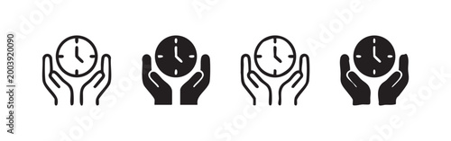 Hands holding clock icon set, outlined and solid