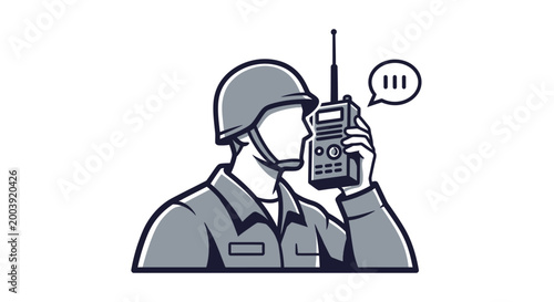 Soldier wearing helmet talking on radio.