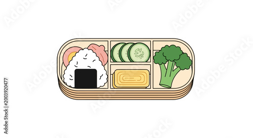 Sushi with vegetables in bento box.