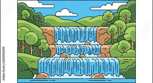Waterfall Cascading Down Rocky Steps.