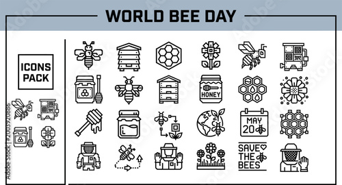 World Bee Day outline icon set for environmental campaigns
