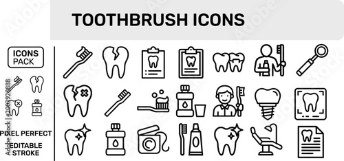Dental care outline icon set for clinic hygiene and oral health