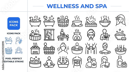 Wellness spa outline icon set for self care menus and retreat brands