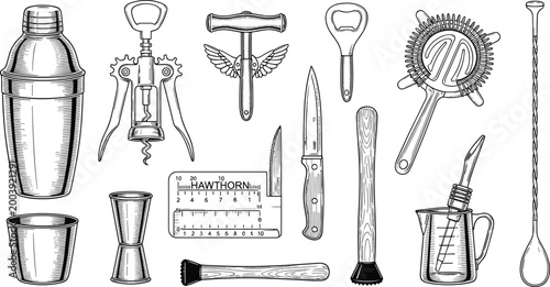Detailed black and white vector illustration of bartending and cocktail tools for mixology and beverage preparation design