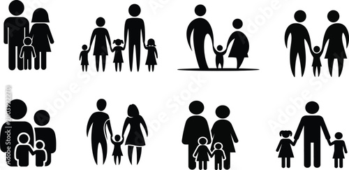 Foto Collection of black family icons with different structures and number of children on transparent background
