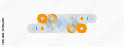 Abstract design features overlapping orange, light blue circles. Minimalist composition suggests connection, unity, fluidity. Simple shapes create visual interest.