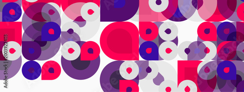 Abstract geometric pattern. Circles, squares overlap creating vibrant, playful composition. Pink, purple dominate design.