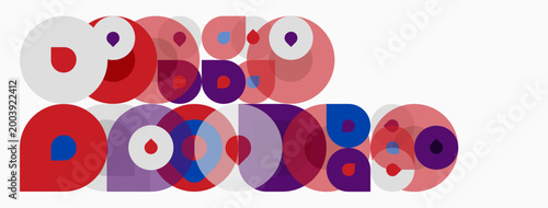 Abstract composition featuring overlapping circles. Colors include red, purple, blue, pink, white. Minimalist design, geometric shapes present.