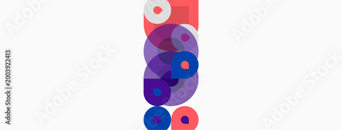 Abstract composition featuring overlapping circles, vibrant purple hues, coral accents. Minimalist design, clean background, modern aesthetic.