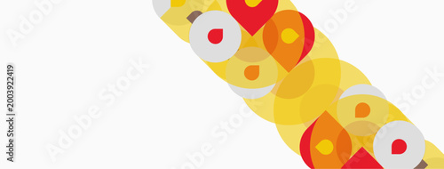 Abstract circles overlap, creating warm color palette. Yellows, oranges, reds dominate design. Minimalist, modern aesthetic.