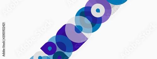 Abstract circles overlap, creating dynamic visual effect. Shades range from deep purple to light blue. Minimalist design, clean background.