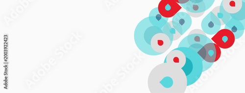 Abstract circles overlap, creating dynamic visual effect. Light blue, red hues dominate white background. Simple, modern design.
