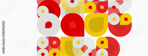 Abstract composition featuring overlapping circles. Red, yellow, white hues create playful visual texture. Simple geometric forms dominate scene.
