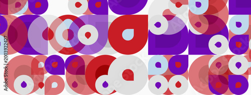 Abstract pattern features overlapping circles, varying sizes, red, purple, pink hues. Background appears white, creating vibrant visual texture.